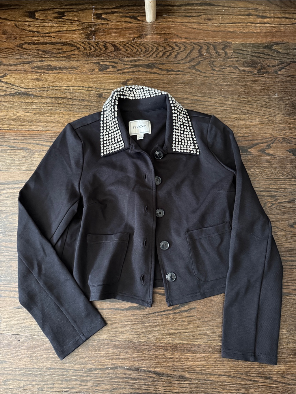Maeve Black Cropped Jacket With Crystal-Embellished Collar